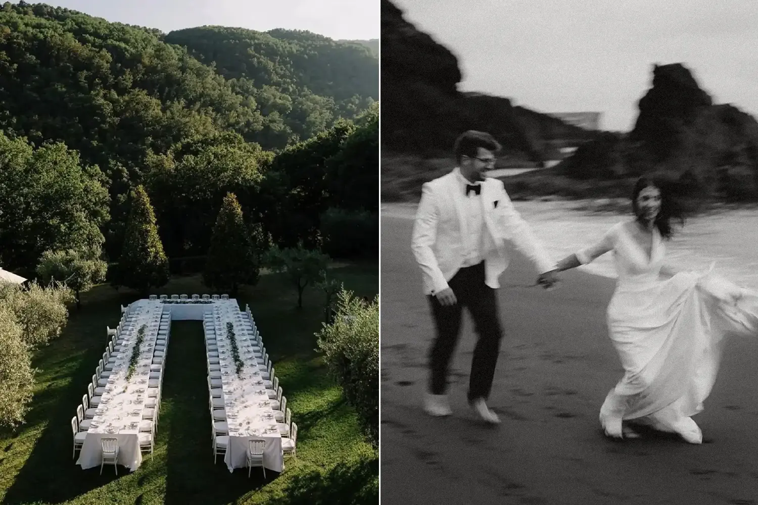 A two-part image illustrating wedding budget possibilities. On the left, a drone view of a grand white wedding reception table set amidst a lush green garden, surrounded by trees with mountains in the background on a warm summer day. On the right, a motion-blur black-and-white photo capturing the joyful moment of a bride and groom running hand in hand on a beach, smiling, with large rock formations typical of coastal landscapes, like those found in Portugal, in the distance.